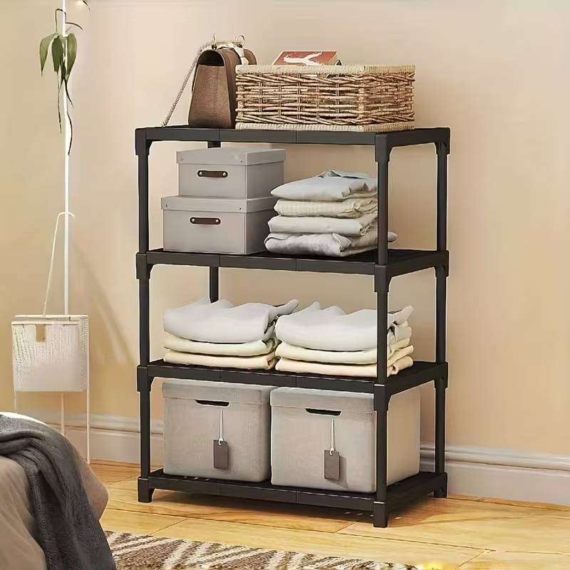 Mutlifunctional 4-Tier White Storage Rack, Durable Plastic & Metal - Black