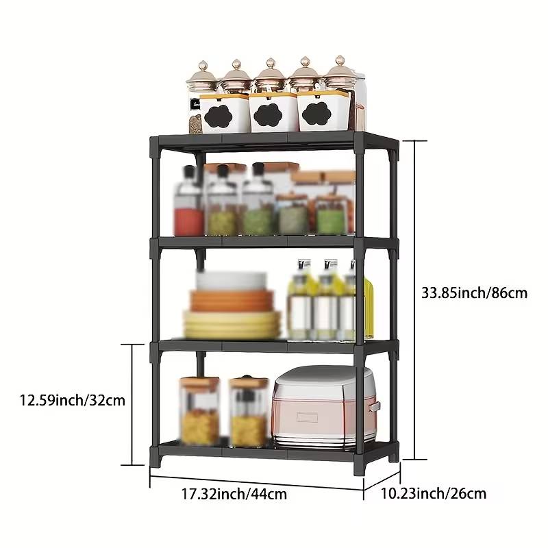 Mutlifunctional 4-Tier White Storage Rack, Durable Plastic & Metal - Black