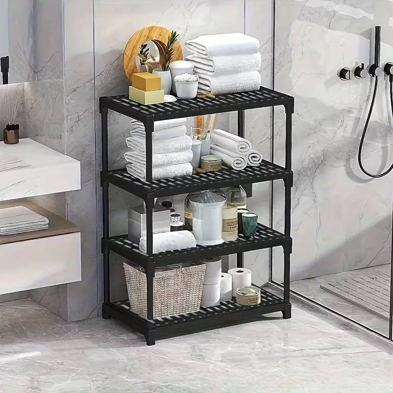 Mutlifunctional 4-Tier White Storage Rack, Durable Plastic & Metal - Black
