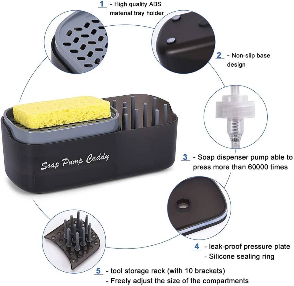 3-in-1 Sponge Soap Dispenser, Sink Caddy Storage - Black