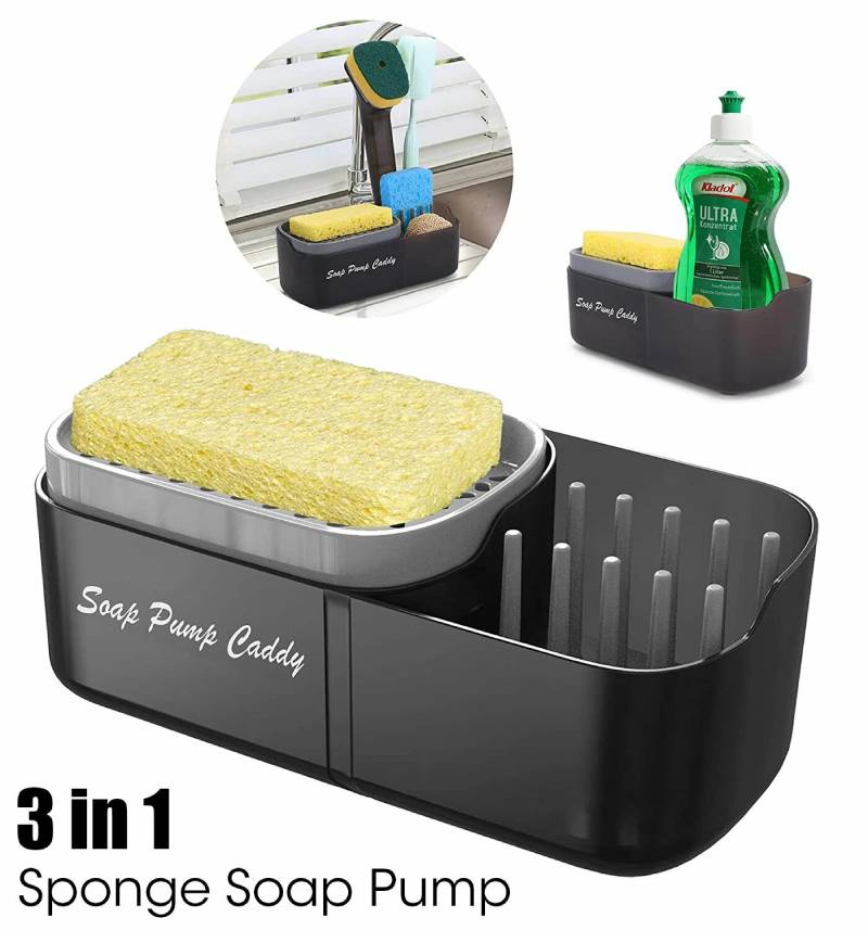 3-in-1 Sponge Soap Dispenser, Sink Caddy Storage - Black