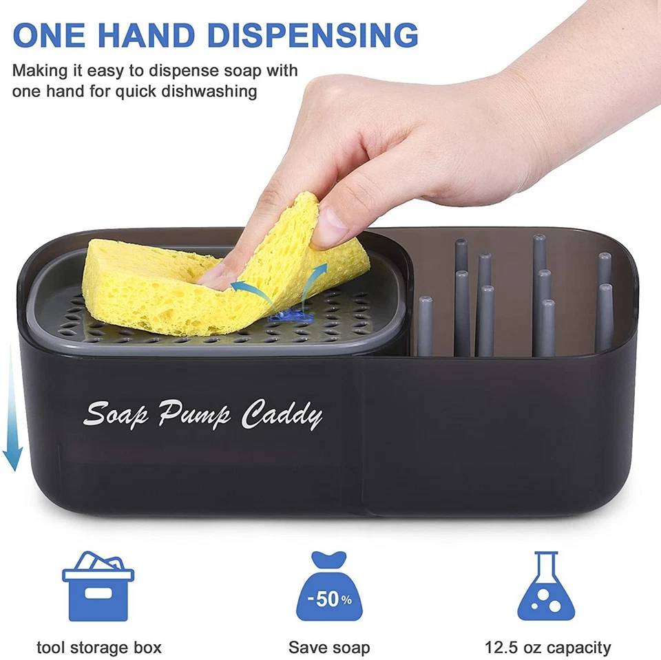 3-in-1 Sponge Soap Dispenser, Sink Caddy Storage - Black