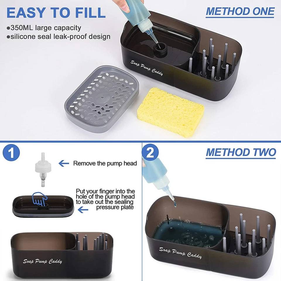 3-in-1 Sponge Soap Dispenser, Sink Caddy Storage - Black