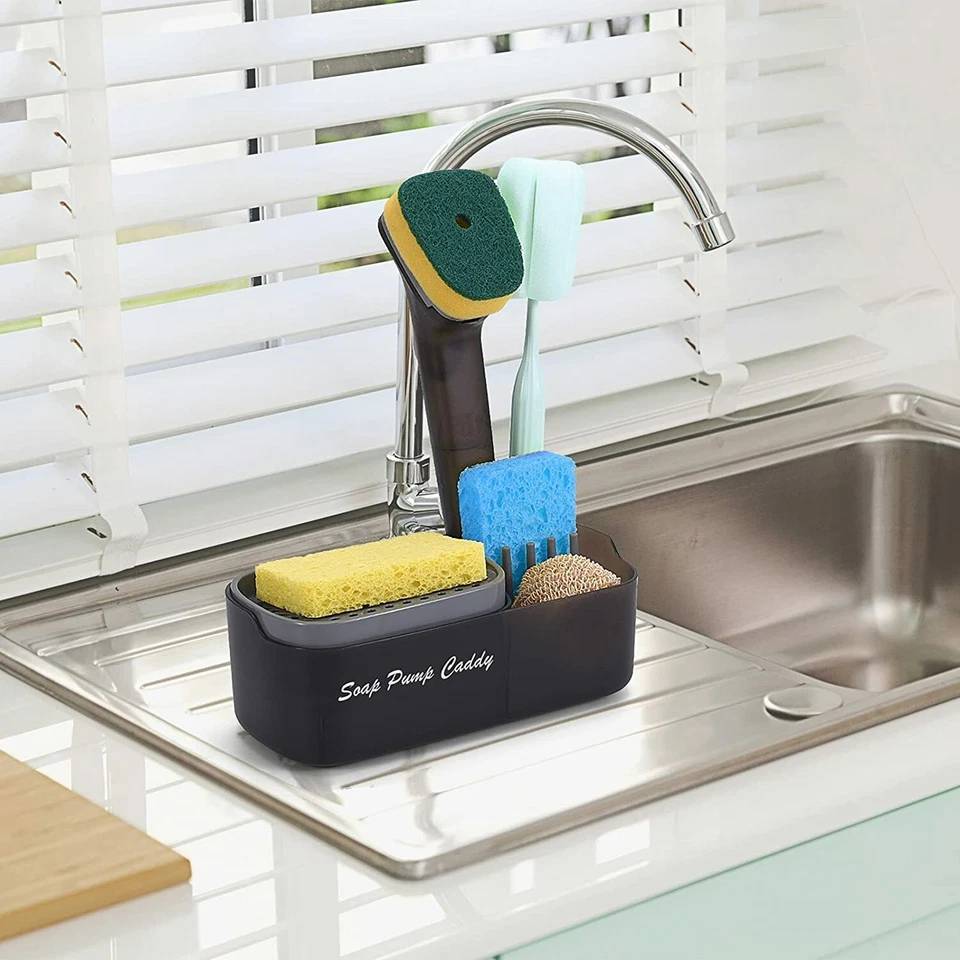 3-in-1 Sponge Soap Dispenser, Sink Caddy Storage - Black