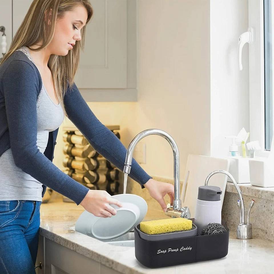 3-in-1 Sponge Soap Dispenser, Sink Caddy Storage - Black