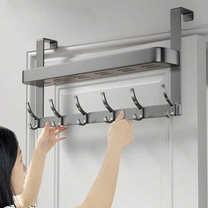 Behind Door Hanging Shelf 6 Hooks - Grey