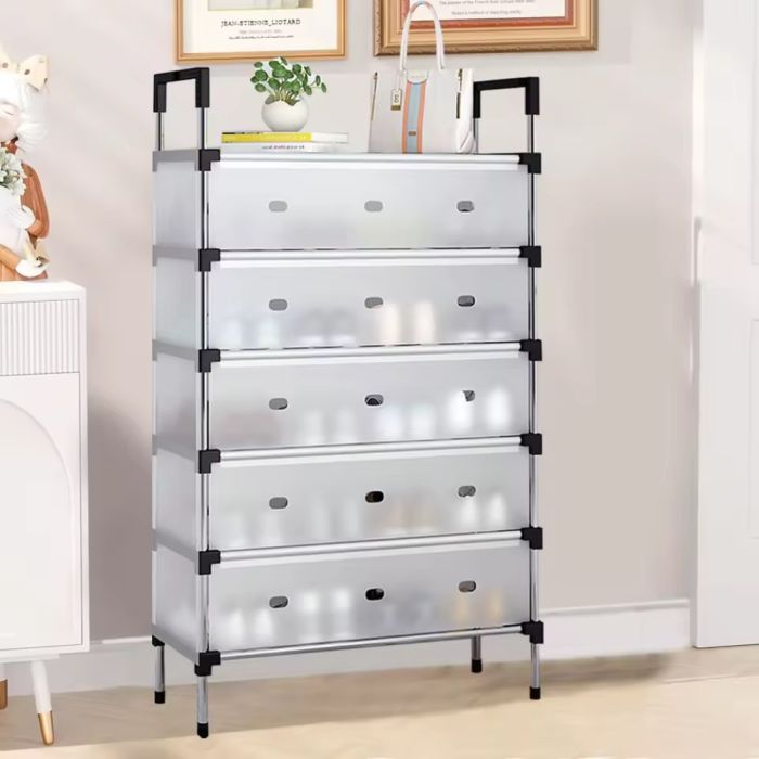 6-Layer Plastic Shoes Rack with Protective Cover - White