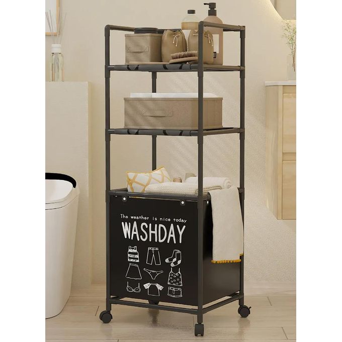 Laundry Basket with 3 Tier Storage Shelf - Black