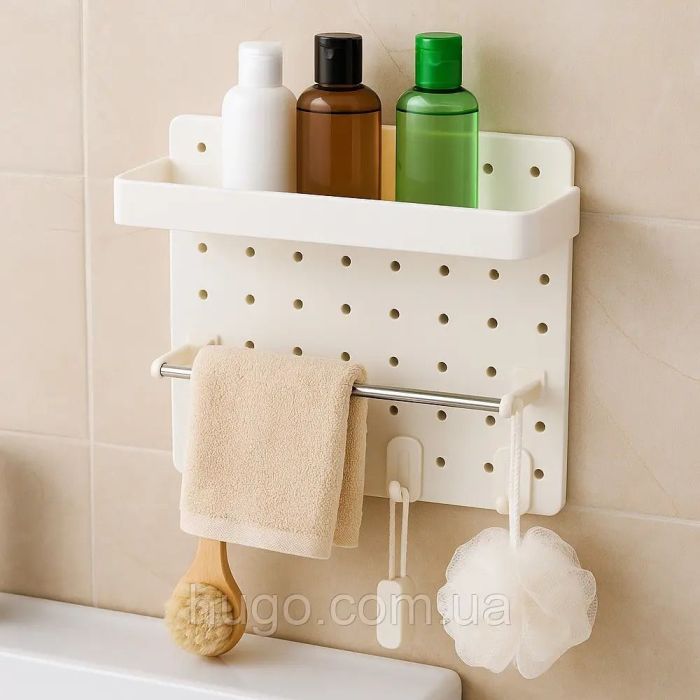 Wall Organizer for Kitchen and Bathroom with Hooks - White