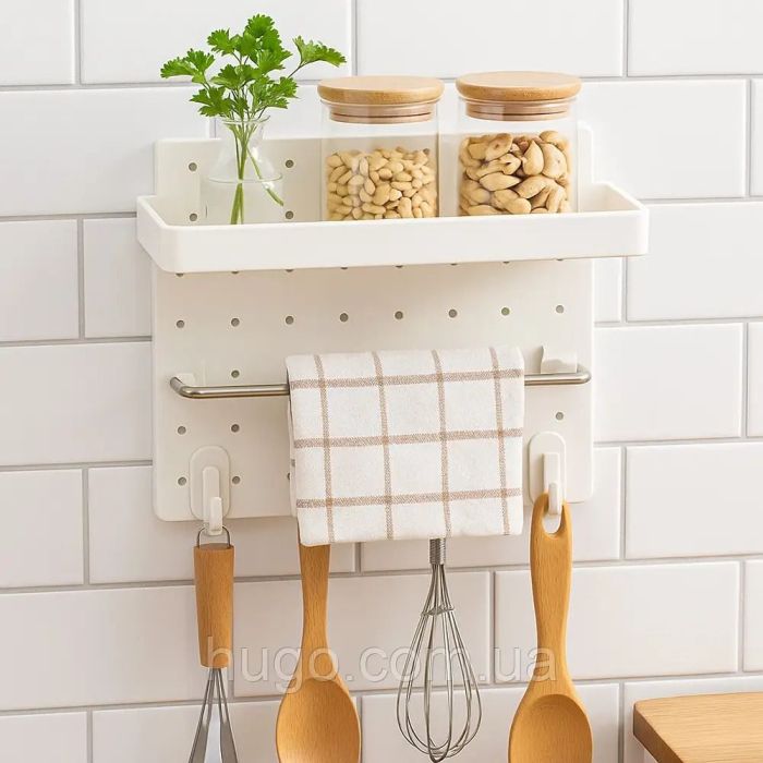 Wall Organizer for Kitchen and Bathroom with Hooks - White