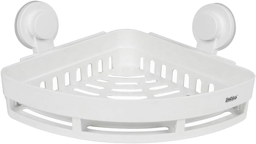 Bathlux Wall Mounted Corner Shower Shelf with Suction Cups - White
