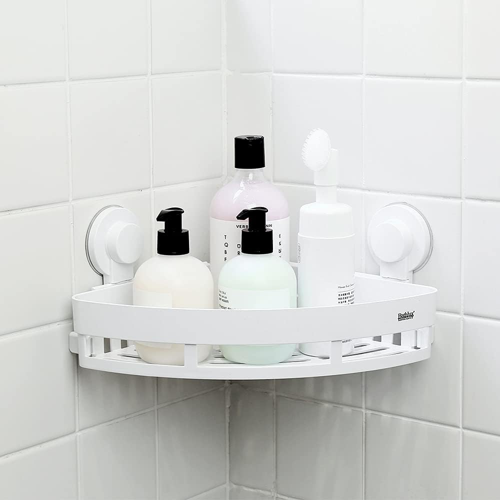 Bathlux Wall Mounted Corner Shower Shelf with Suction Cups - White