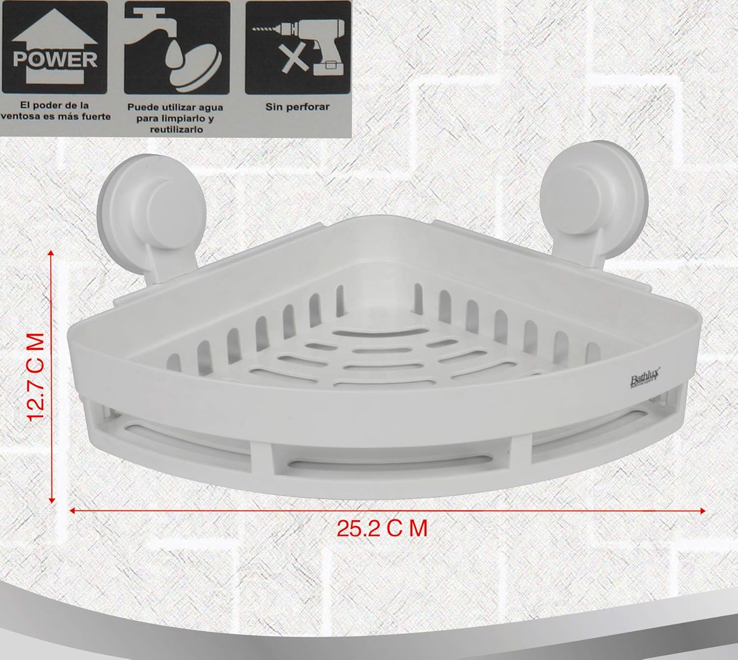 Bathlux Wall Mounted Corner Shower Shelf with Suction Cups - White
