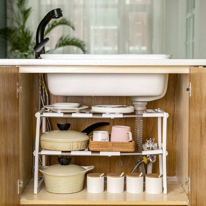 Under Sink Rack Stainless Steel Expandable Organizer - White