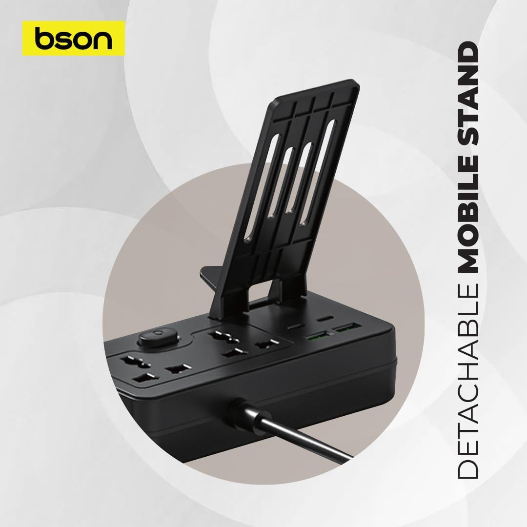 BSON 8 Port Multi Power Socket Extension, Built-in USB Cables - Black