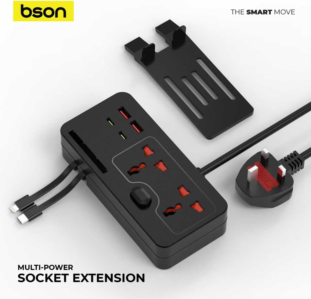 BSON 8 Port Multi Power Socket Extension, Built-in USB Cables - Black
