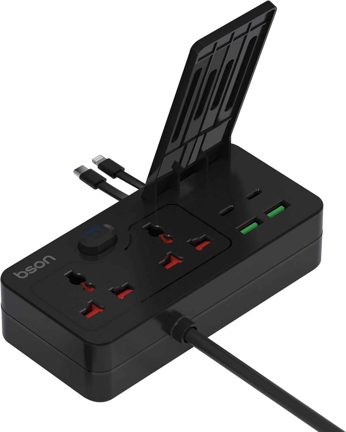 BSON 8 Port Multi Power Socket Extension, Built-in USB Cables - Black