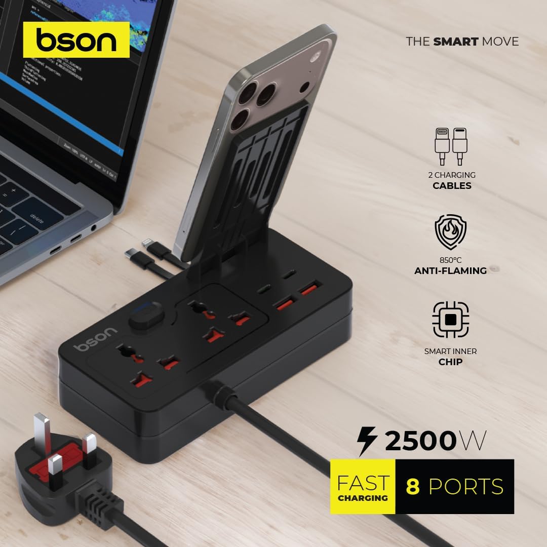 BSON 8 Port Multi Power Socket Extension, Built-in USB Cables - Black