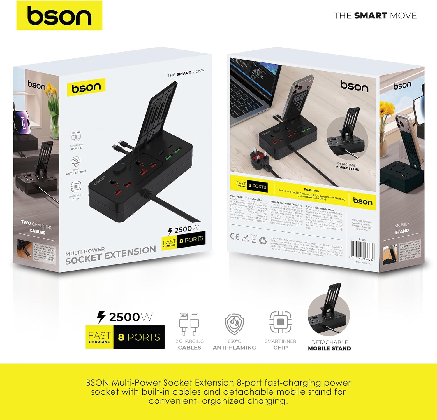 BSON 8 Port Multi Power Socket Extension, Built-in USB Cables - Black