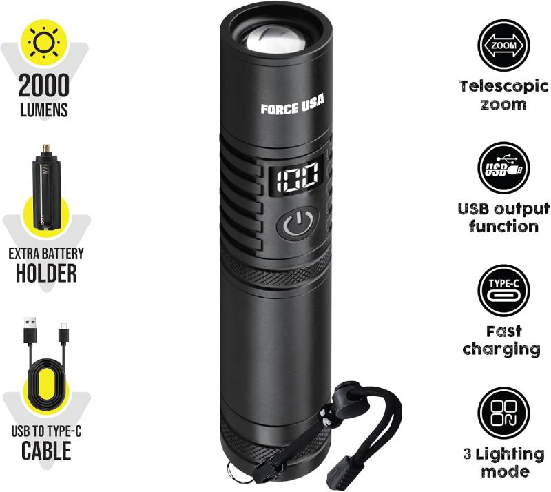 Force USA Telescopic Flashlight, 2000 Lumens Power with Adjustable Focus Beam - Black