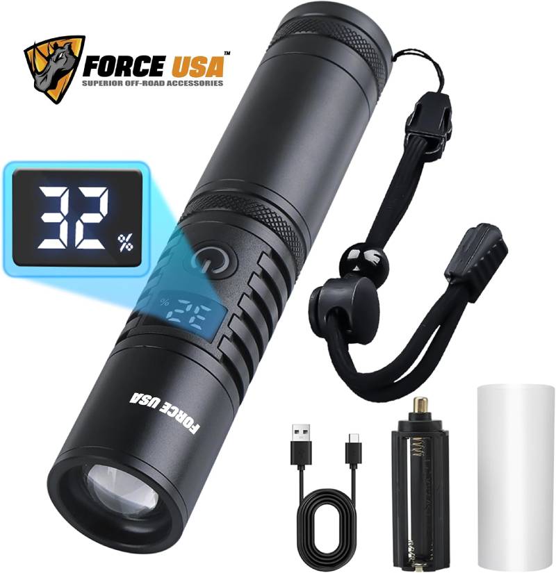 Force USA Telescopic Flashlight, 2000 Lumens Power with Adjustable Focus Beam - Black