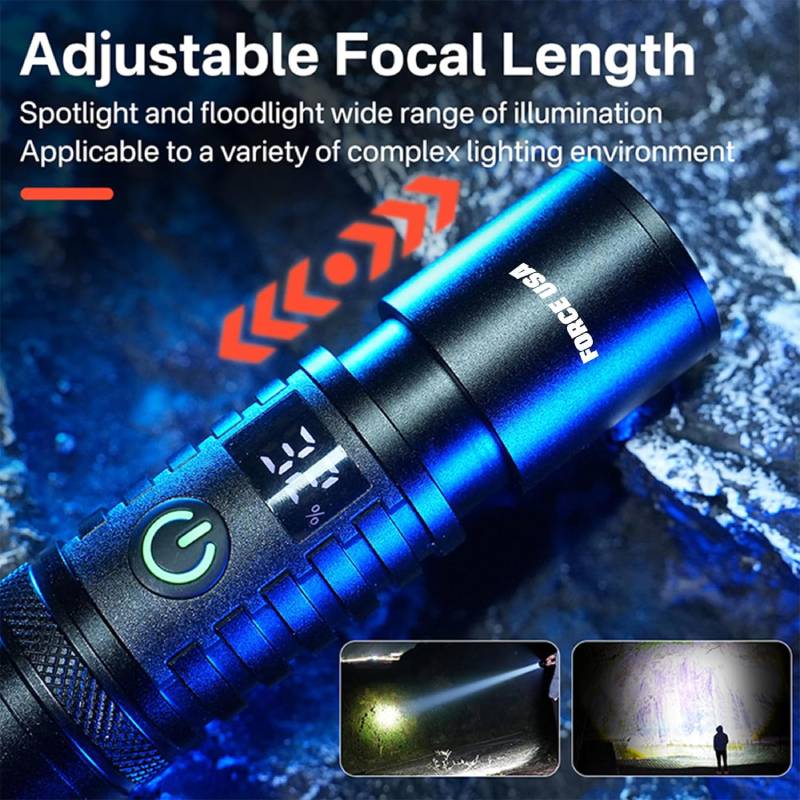 Force USA Telescopic Flashlight, 2000 Lumens Power with Adjustable Focus Beam - Black