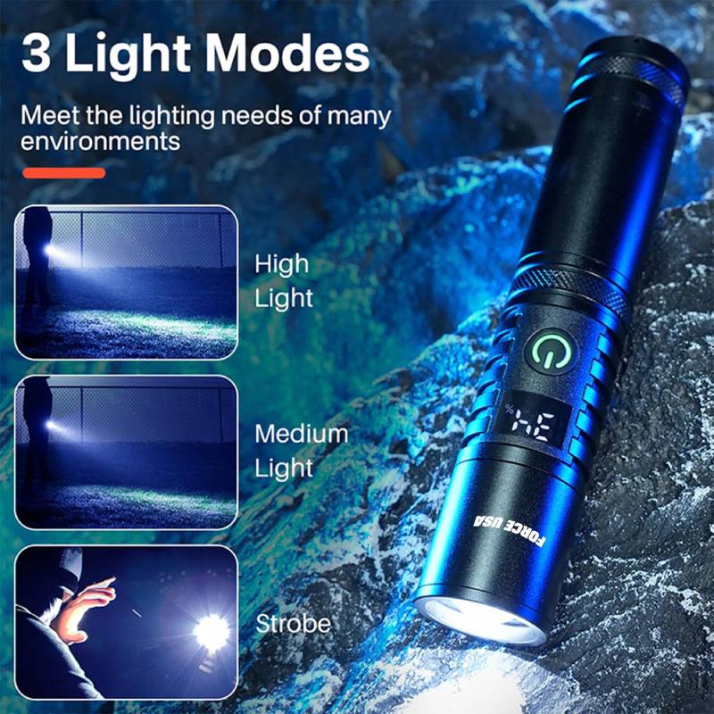 Force USA Telescopic Flashlight, 2000 Lumens Power with Adjustable Focus Beam - Black