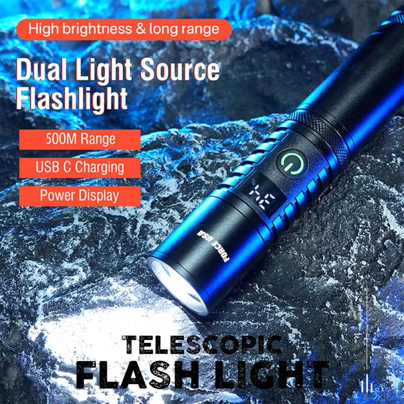 Force USA Telescopic Flashlight, 2000 Lumens Power with Adjustable Focus Beam - Black