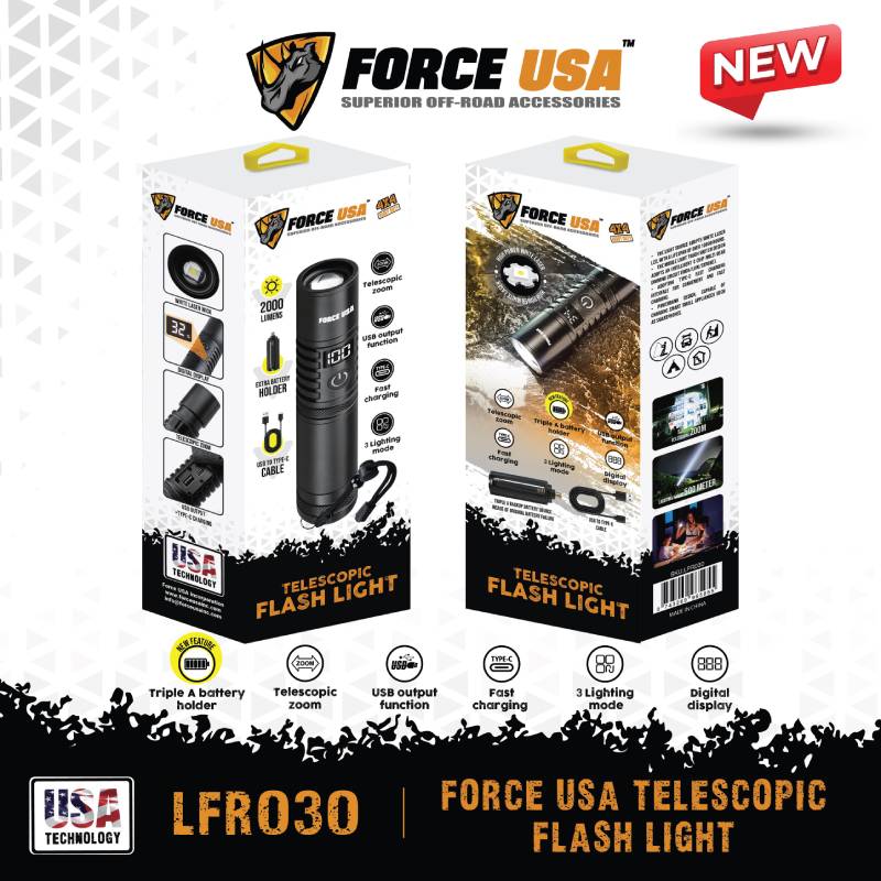 Force USA Telescopic Flashlight, 2000 Lumens Power with Adjustable Focus Beam - Black