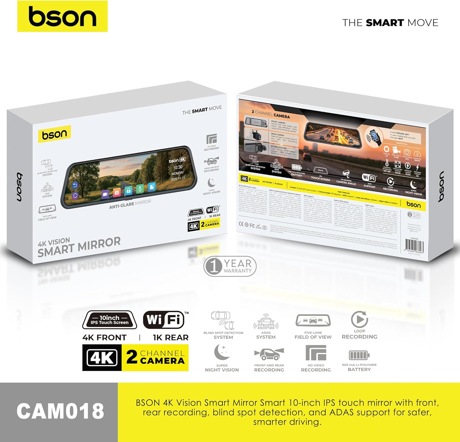 BSON 4K Vision Smart Mirror Smart 10-inch IPS Touch Mirror With Front - Black