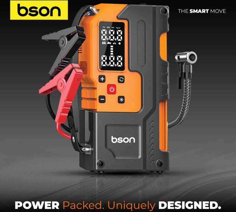 BSON Turbo Jump Starter with Air Inflator, 6-in-1 Emergency Kit, 12000mAh Battery - Black & Orange