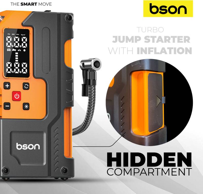 BSON Turbo Jump Starter with Air Inflator, 6-in-1 Emergency Kit, 12000mAh Battery - Black & Orange
