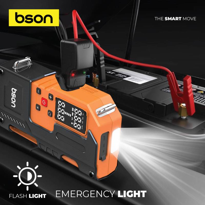 BSON Turbo Jump Starter with Air Inflator, 6-in-1 Emergency Kit, 12000mAh Battery - Black & Orange