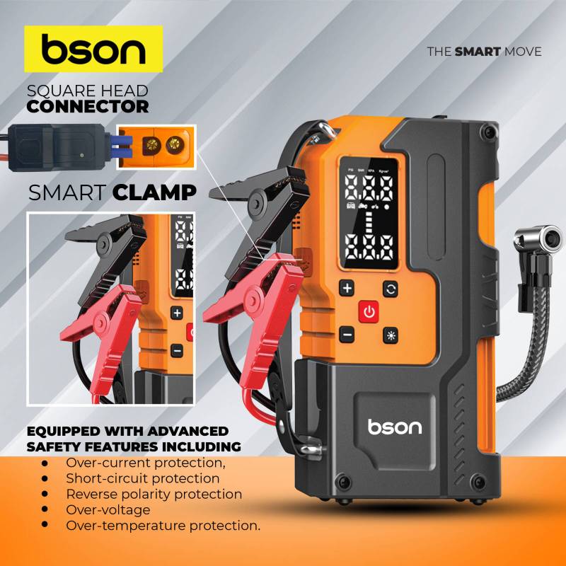 BSON Turbo Jump Starter with Air Inflator, 6-in-1 Emergency Kit, 12000mAh Battery - Black & Orange