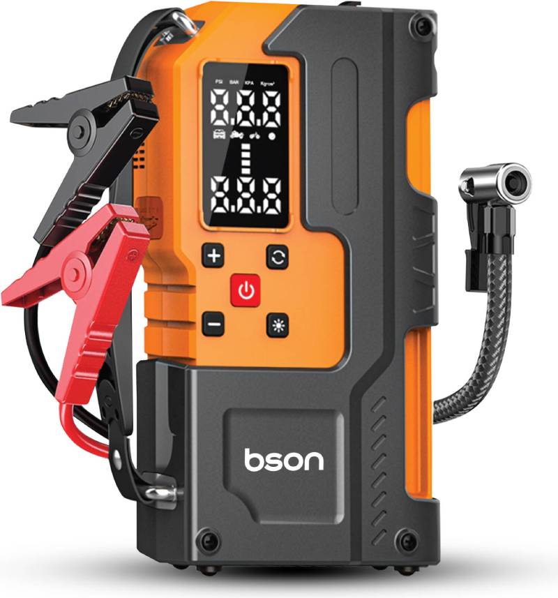 BSON Turbo Jump Starter with Air Inflator, 6-in-1 Emergency Kit, 12000mAh Battery - Black & Orange