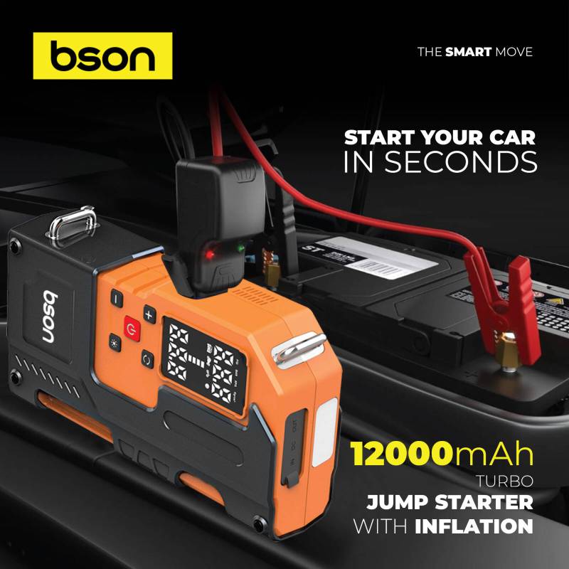 BSON Turbo Jump Starter with Air Inflator, 6-in-1 Emergency Kit, 12000mAh Battery - Black & Orange