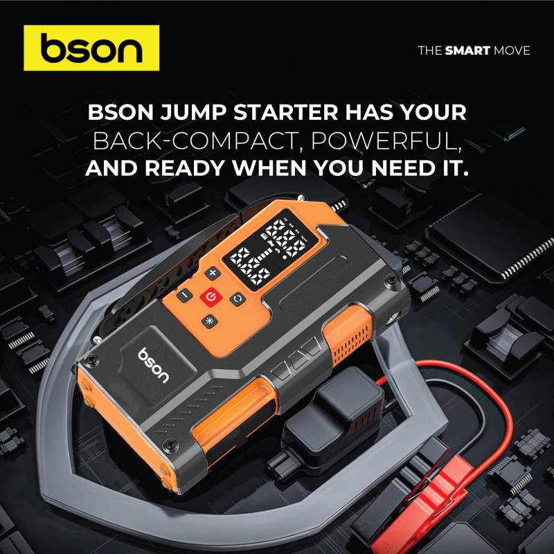 BSON Turbo Jump Starter with Air Inflator, 6-in-1 Emergency Kit, 12000mAh Battery - Black & Orange