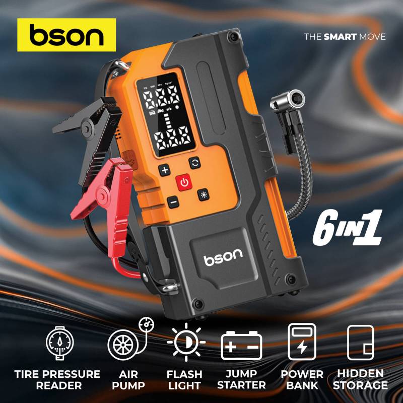 BSON Turbo Jump Starter with Air Inflator, 6-in-1 Emergency Kit, 12000mAh Battery - Black & Orange