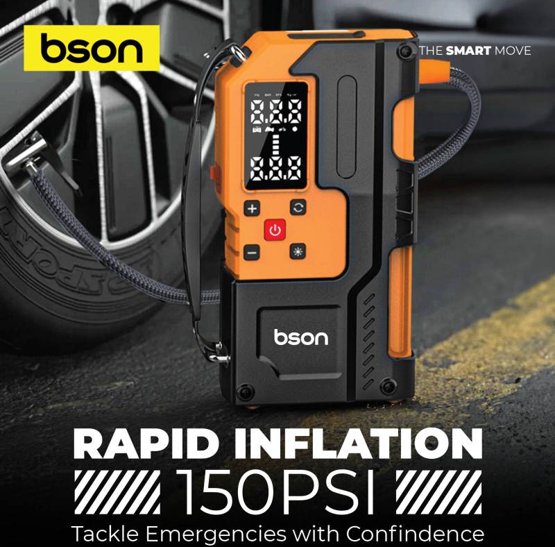 BSON Turbo Jump Starter with Air Inflator, 6-in-1 Emergency Kit, 12000mAh Battery - Black & Orange