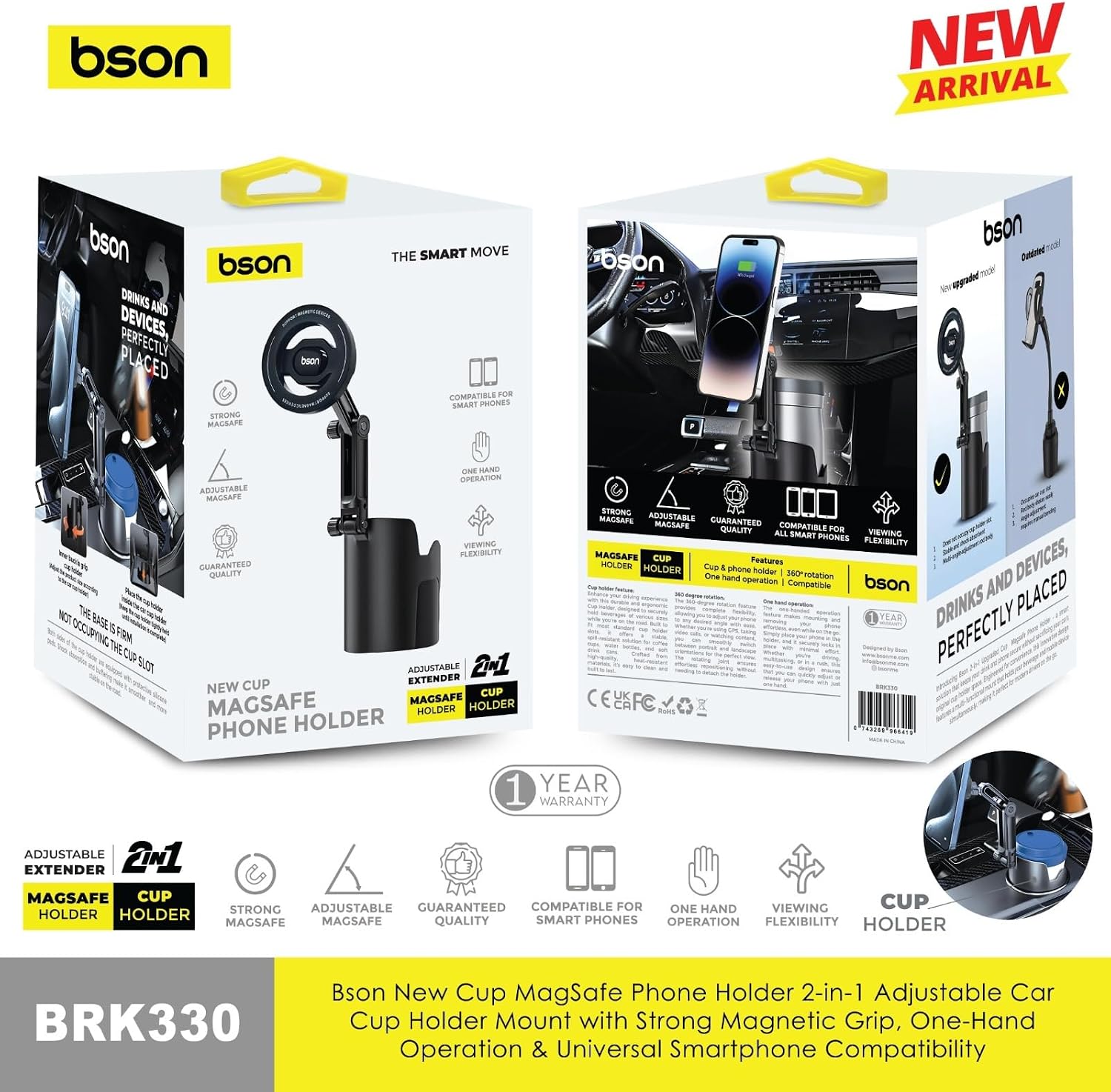 BSON New Cup MagSafe Phone Holder 2-in-1 Adjustable Car Cup Holder Mount - Black