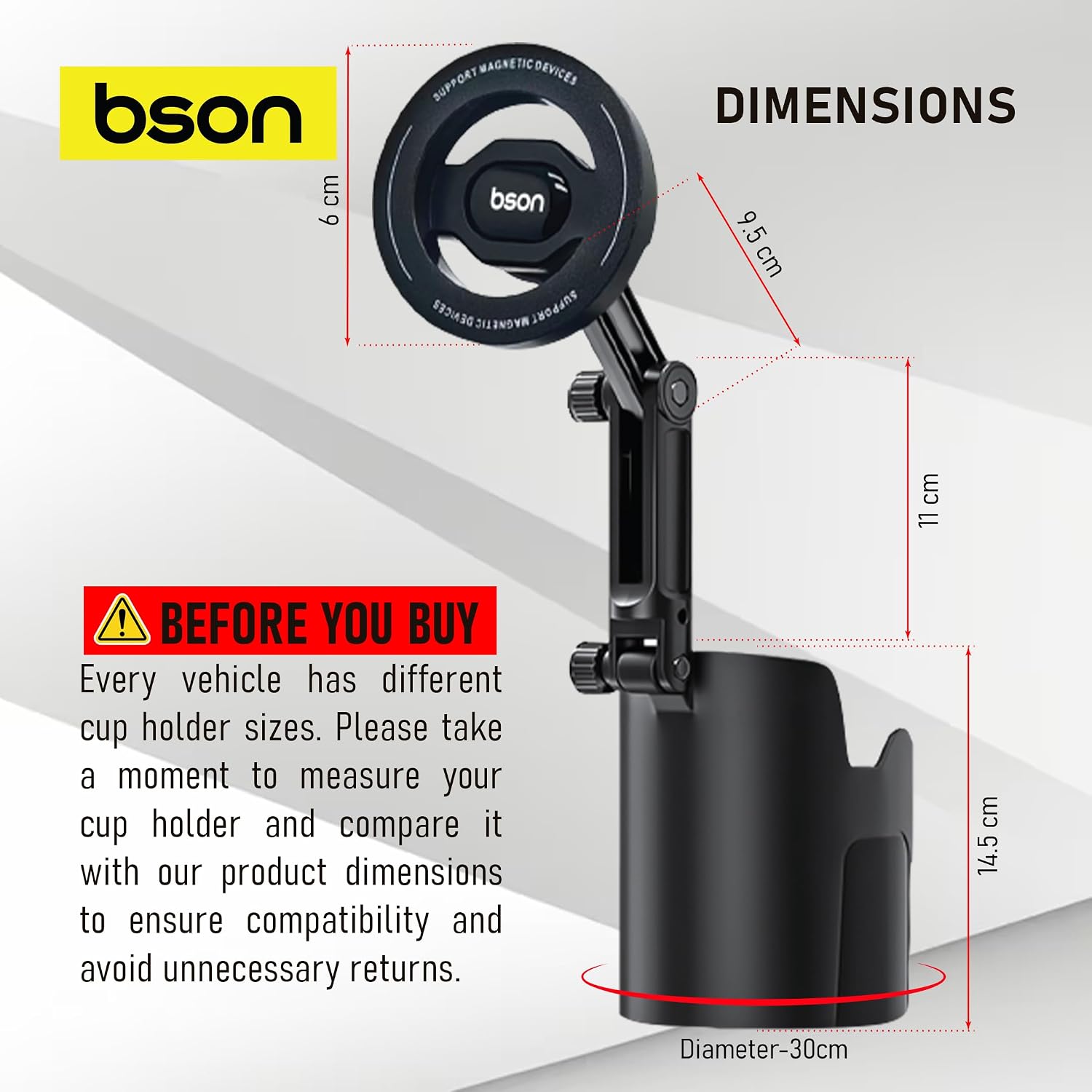 BSON New Cup MagSafe Phone Holder 2-in-1 Adjustable Car Cup Holder Mount - Black