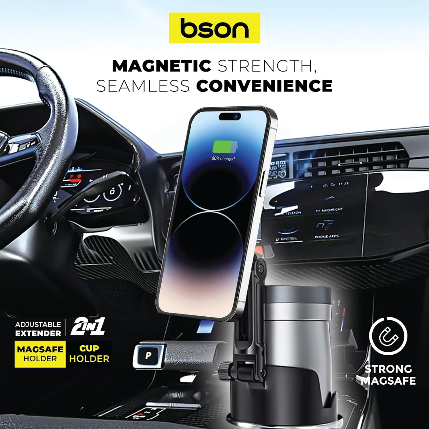 BSON New Cup MagSafe Phone Holder 2-in-1 Adjustable Car Cup Holder Mount - Black