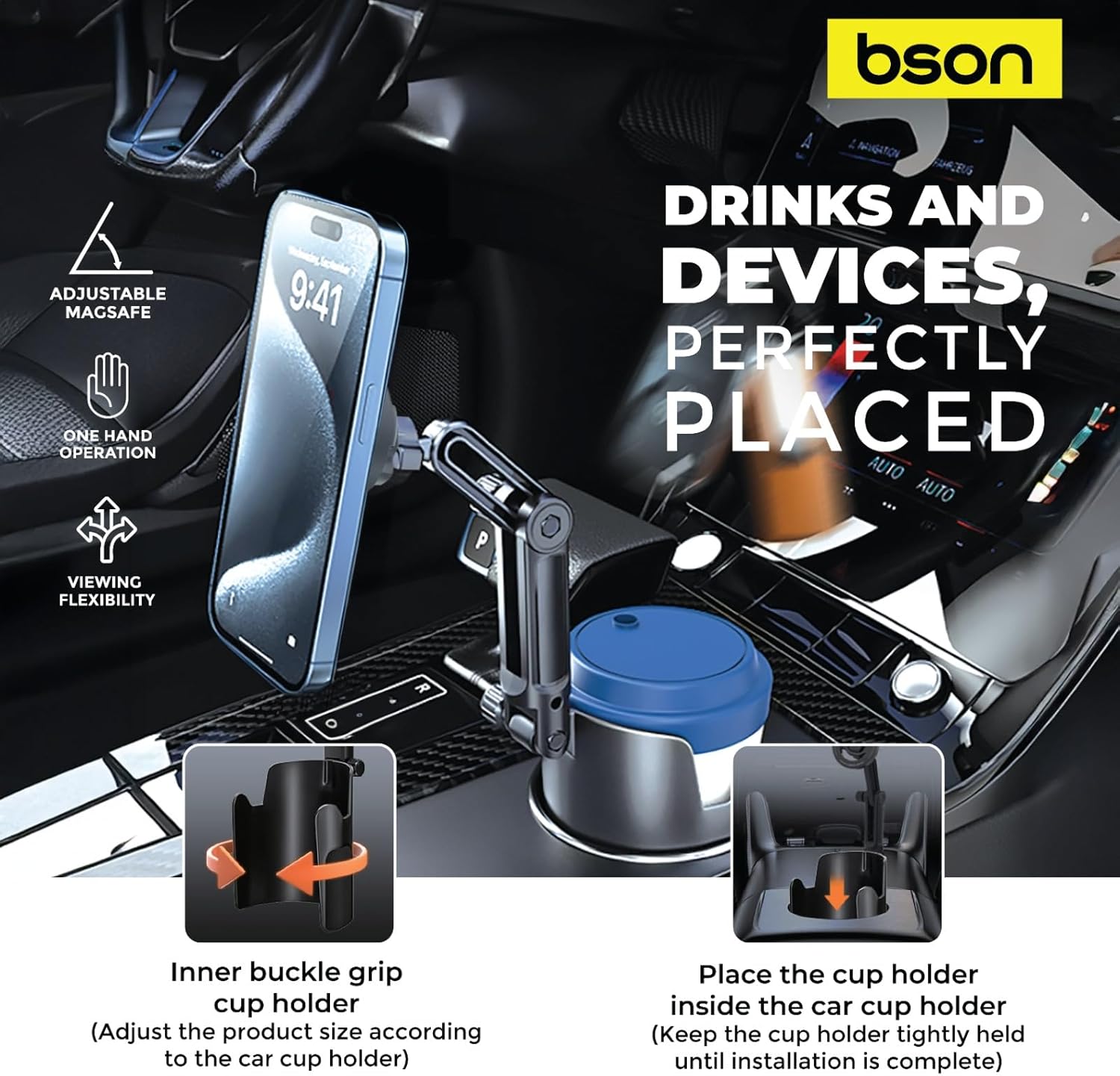 BSON New Cup MagSafe Phone Holder 2-in-1 Adjustable Car Cup Holder Mount - Black