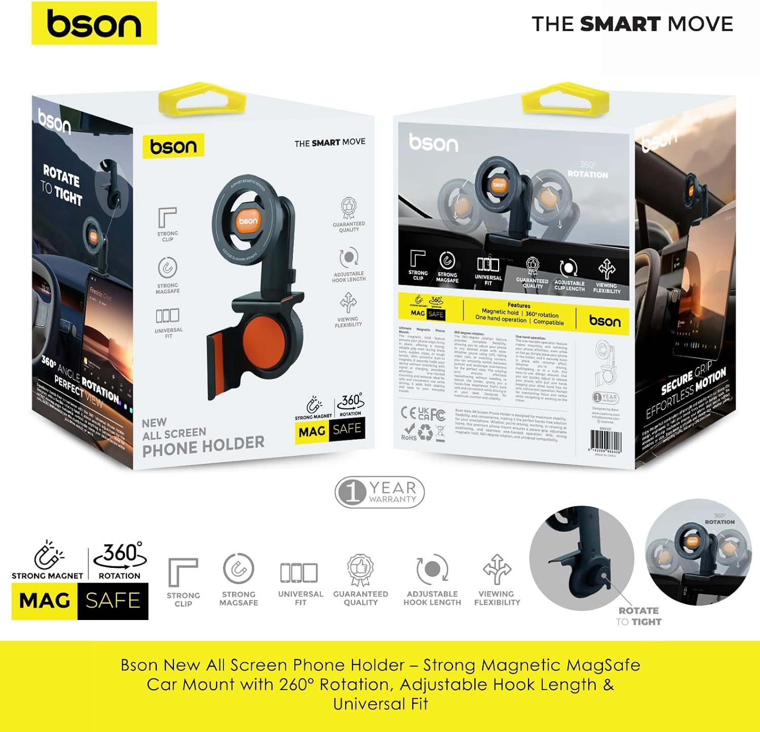 BSON New All Screen Phone Holder, Magnetic MagSafe Car Mount with 360° Rotation - Black