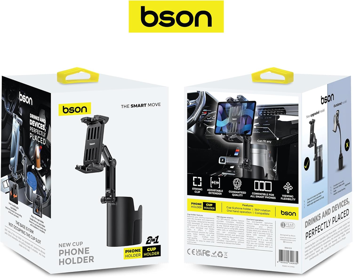 BSON New Cup Phone Holder, 2-in-1 Cup & Phone Holder with 360° Rotation - Black