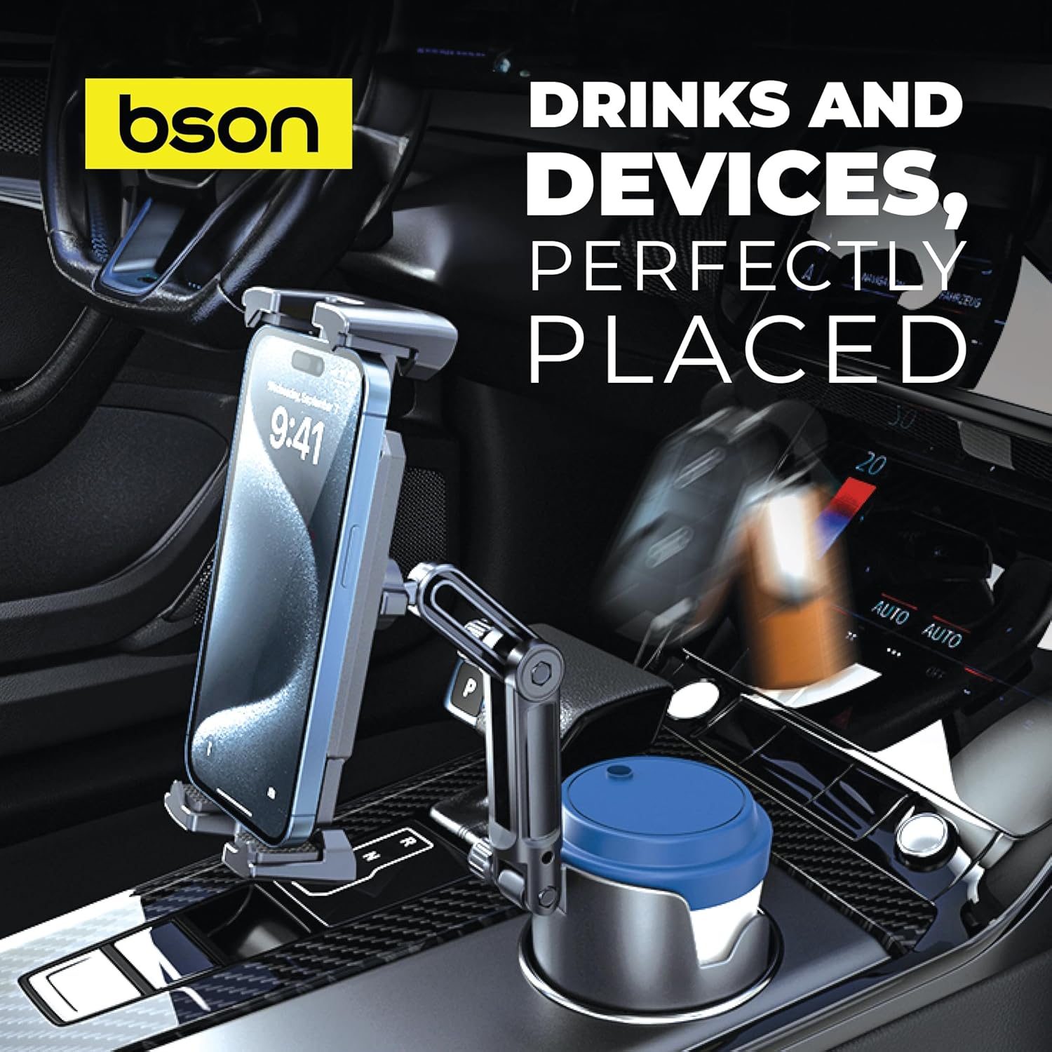 BSON New Cup Phone Holder, 2-in-1 Cup & Phone Holder with 360° Rotation - Black