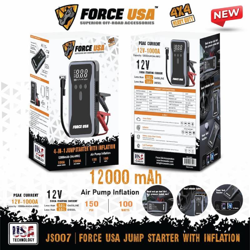 Force USA 4-in-1 Jump Starter with Air Pump, 100W Power - Black