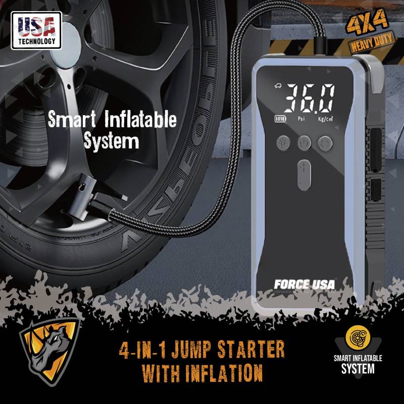 Force USA 4-in-1 Jump Starter with Air Pump, 100W Power - Black