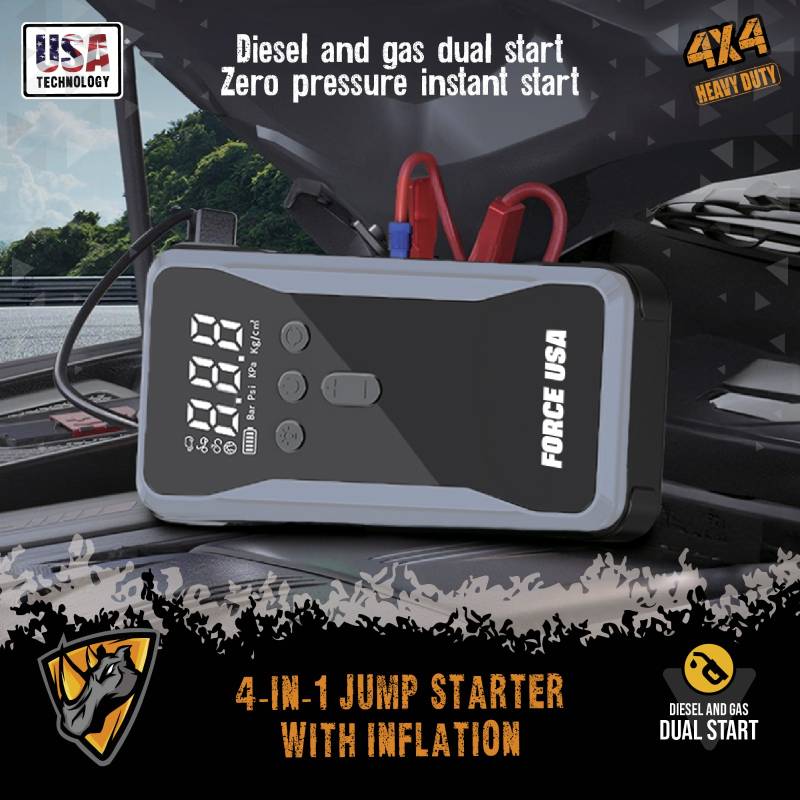Force USA 4-in-1 Jump Starter with Air Pump, 100W Power - Black