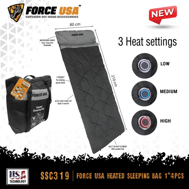 BSON Force USA Heated Sleeping Bag with 3 Heat Settings – Black